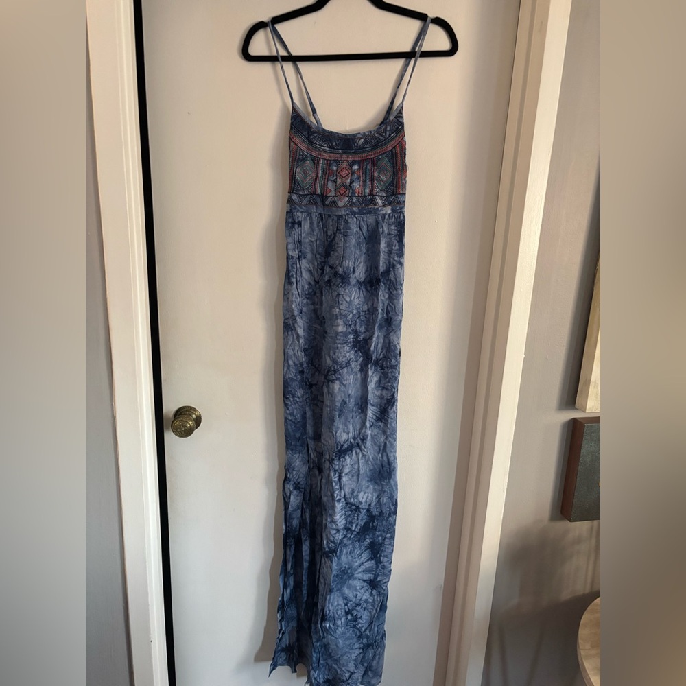 Blue Tie-Dye Maxi Dress with Embroidered Detail
